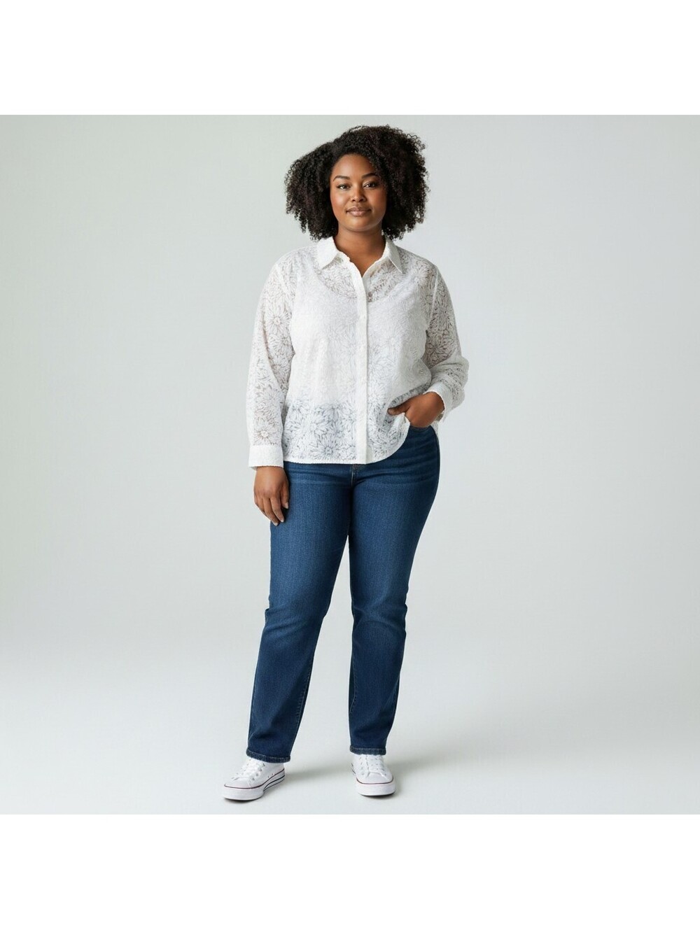 Susan Graver Shirt Women 2X Plus White Floral Button Up Collared Long Sleeve